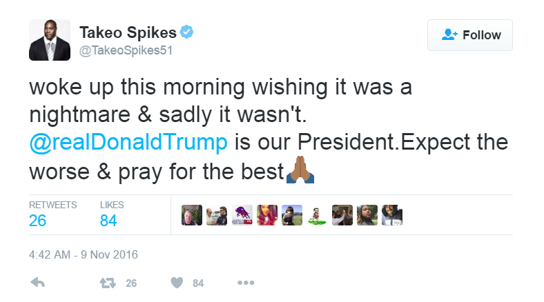 Takeo Spikes voices his disbelief at the results of the 2016 Presidential Election