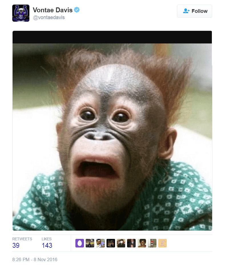 Vontae Davis tweeted a picture of a monley with a surprised look on its face | @vontaedavis/Twitter