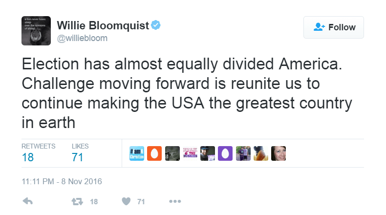 Willie Bloomquist commented on the divide created by the 2016 Presidential Election results