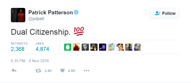 Patrick Patterson reacts to the 2016 presidential election.
