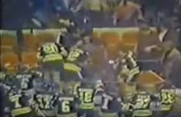 Members of the Boston Bruins climbing into the stands during a game to fight New York Rangers fans