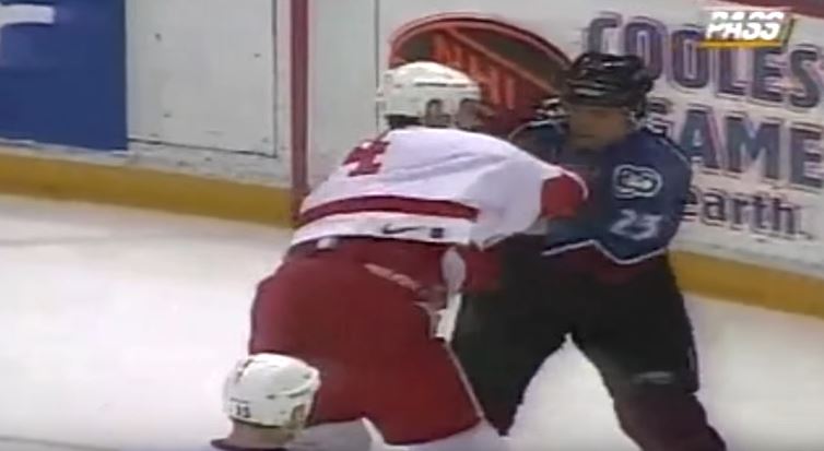 Jamie Pushor and Brent Severyn fighting during a 1997 hockey game