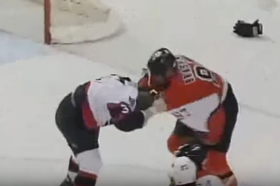 Rob Ray and Donald Brashear fighting during a game