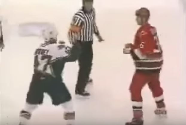 Jesse Boulerice and Aaron Downey fighting during a 2006 hockey game