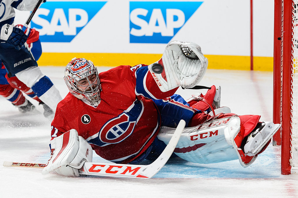 Carey Price of the Montreal Canadiens makes a glove save