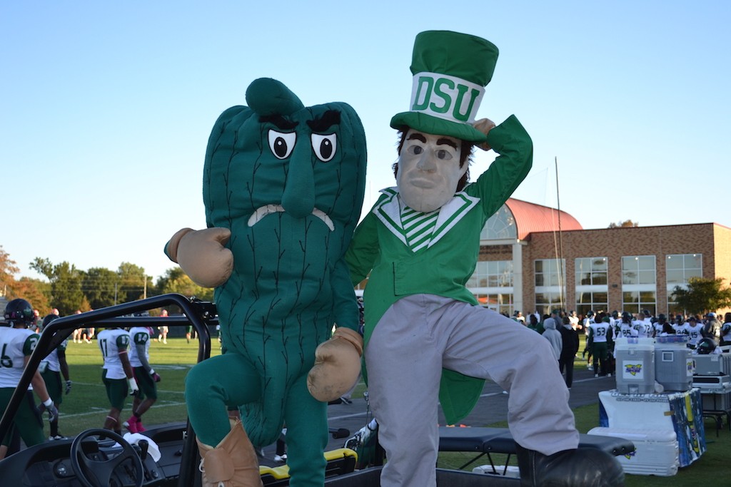 Delta State University's Fighting Okra (L) sits with another confusing DSU mascot