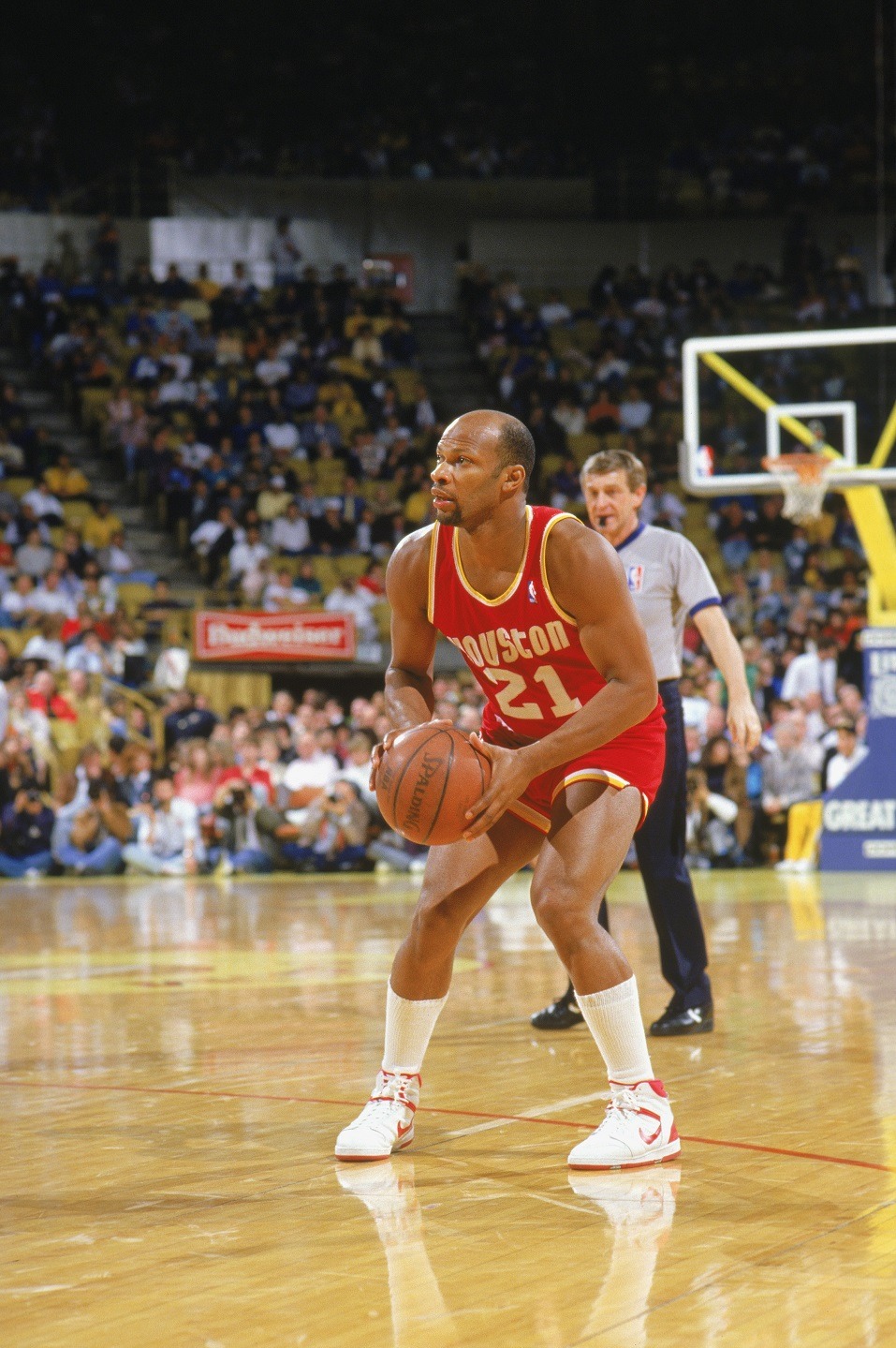 World B. Free of the Houston Rockets looks to shoot during a game