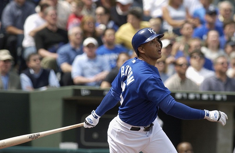 KANSAS CITY, MO - APRIL 5: Carlos Beltran #15 of the Kansas City Royals watches the ball in flight from home plate during their game against the Chicago White Sox on Opening Day April 5, 2004 at Kauffman Stadium in Kansas City, Missouri. The Royals won 9-7 after scoring six on two homers in the ninth.