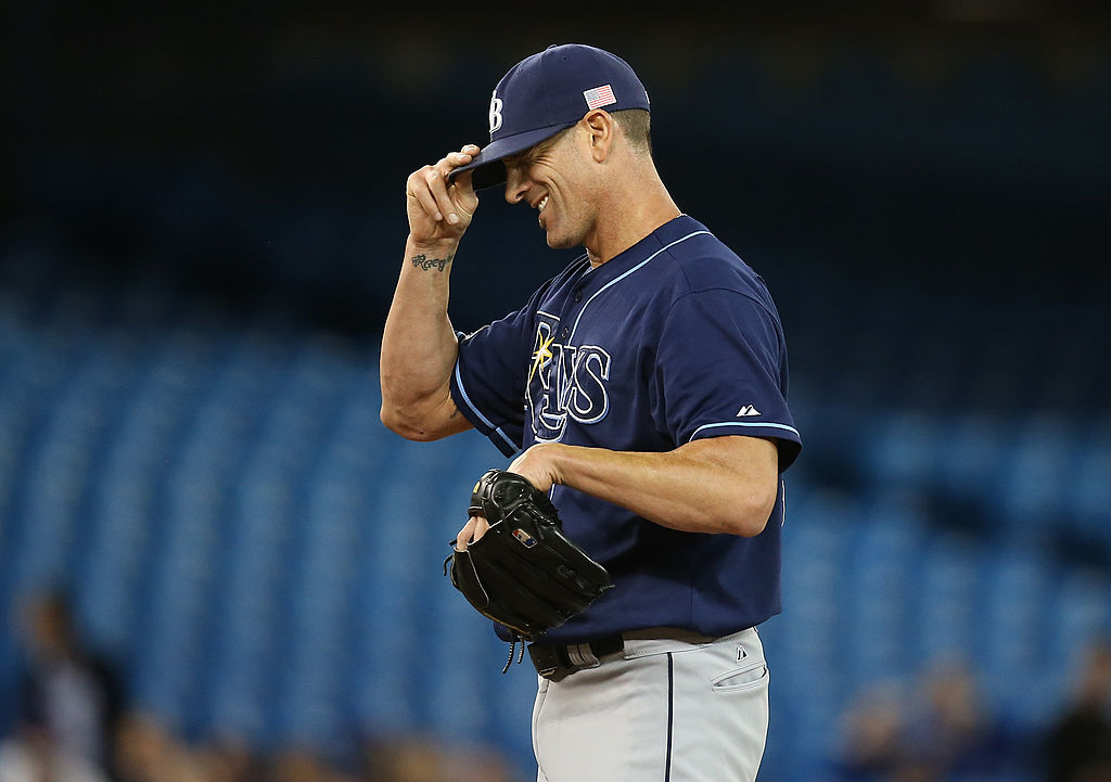 Grant Balfour of the Tampa Bay Rays laughs during a game
