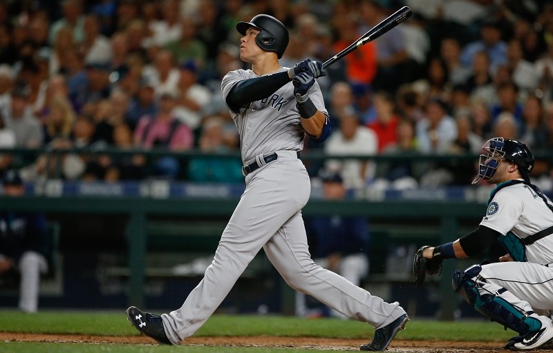 Aaron Judge of the New York Yankees hits a sacrifice fly.