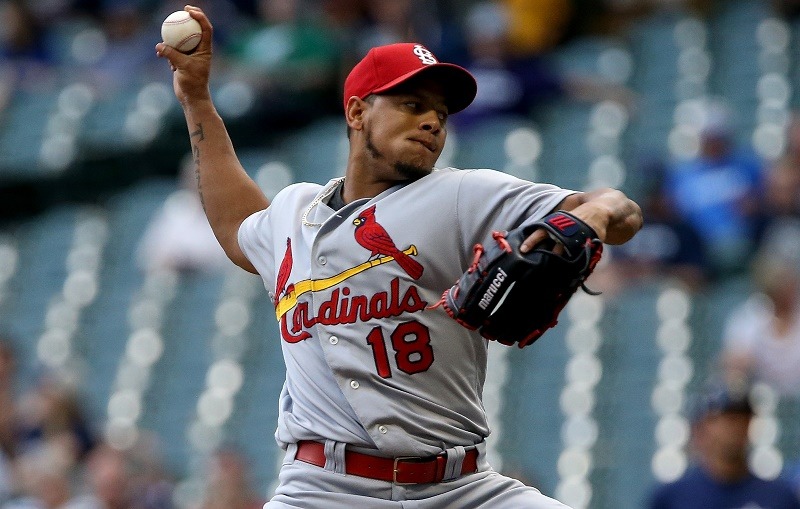 Carlos Martinez #18 of the St. Louis Cardinals against the Milwaukee Brewers.