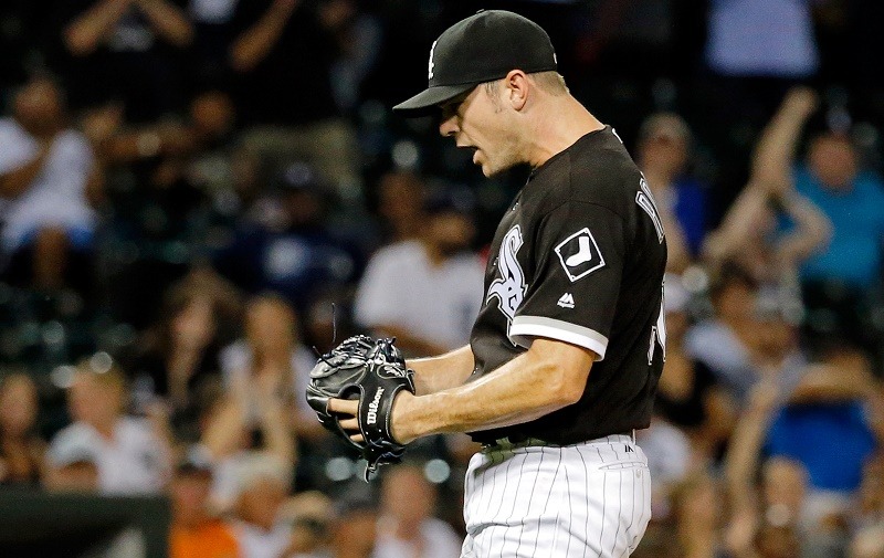 David Robertson of the Chicago White Sox celebrates after striking out Tyler Collins of the Detroit Tigers