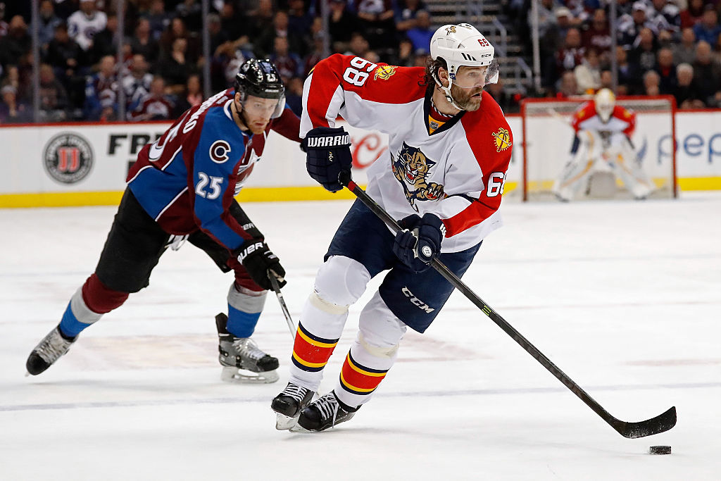 Jaromir Jagr of the Florida Panthers controls the puck against Mikhail Grigorenko of the Colorado Avalanche | Doug Pensinger/Getty Images