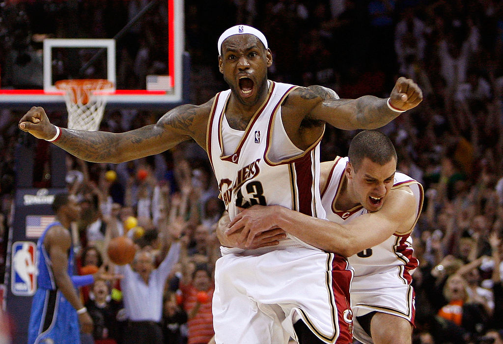 LeBron James (L) and Sasha Pavlovic of the Cleveland Cavaliers celebrate after James made the game-winning three pointer against the Orlando Magic in Game 2 of the 2009 Eastern Conference Finals | Gregory Shamus/Getty Images