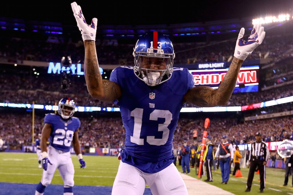 Odell Beckham Jr. #13 of the New York Giants celebrates after scoring a touchdown.
