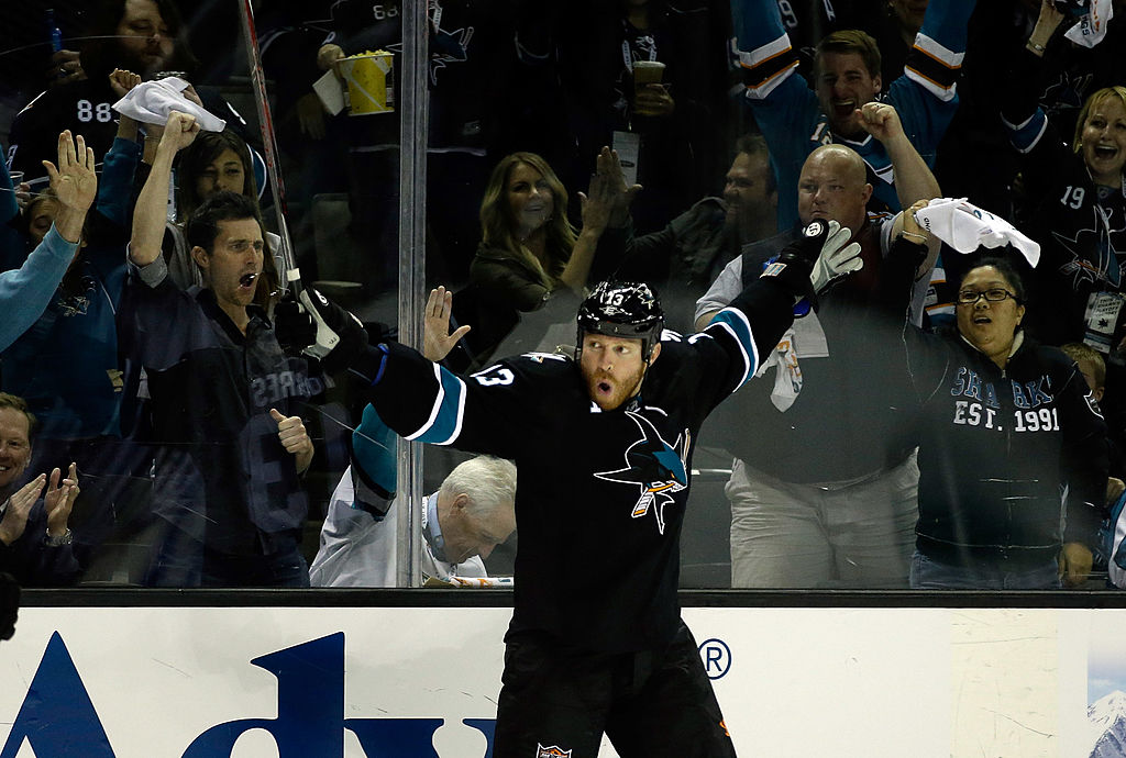 Raffi Torres of the San Jose Sharks celebrates on the ice