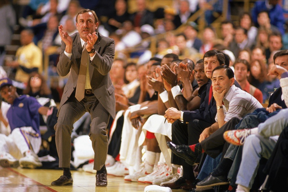 Head coach Rick Adelman of the Portland Trail Blazers cheers from the sidelines.