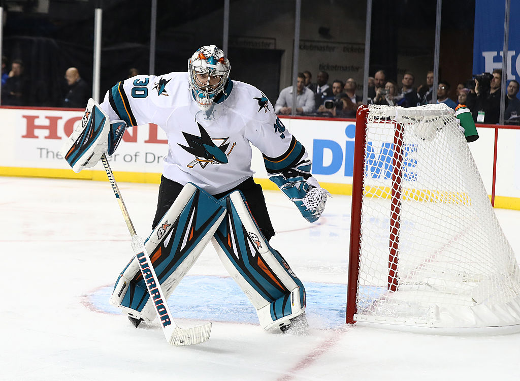 San Jose Sharks goalie Aaron Dell in action against the New York Islanders 