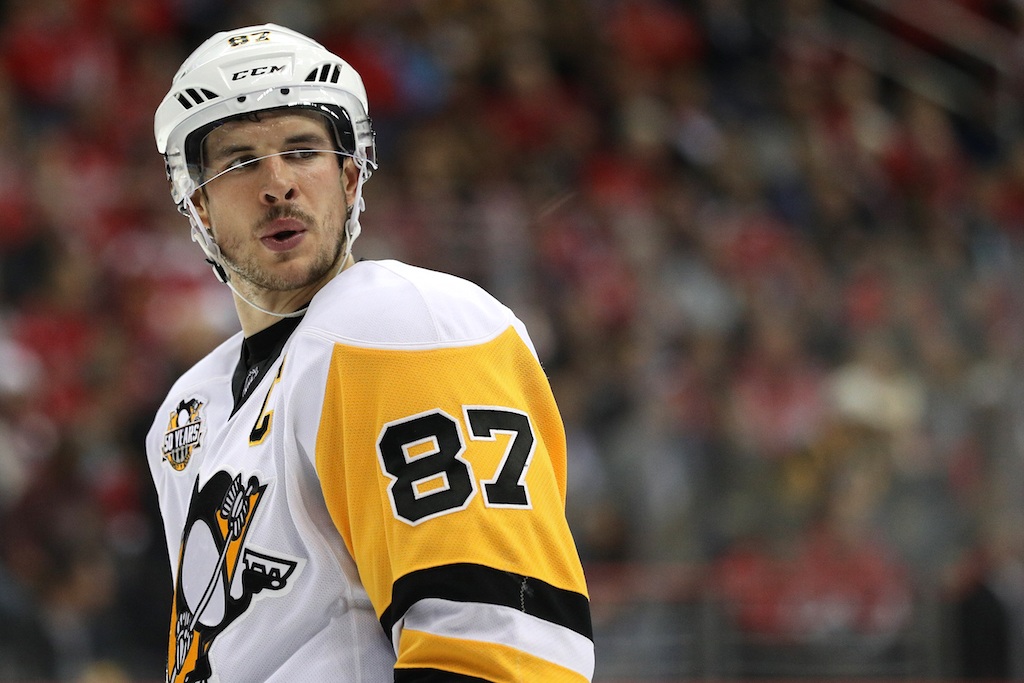 Sidney Crosby takes a breather between plays.