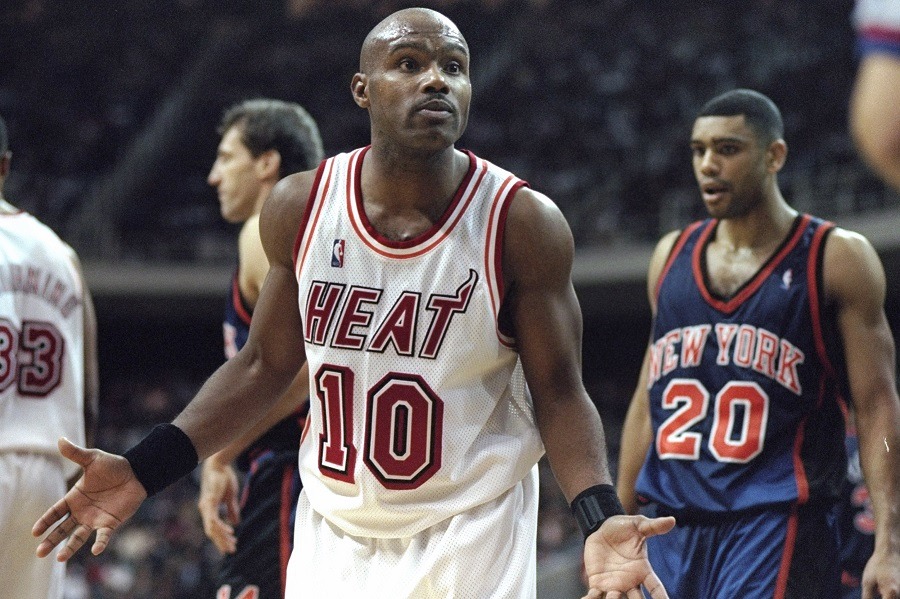 Tim Hardaway of the Miami Heat gestures during a game