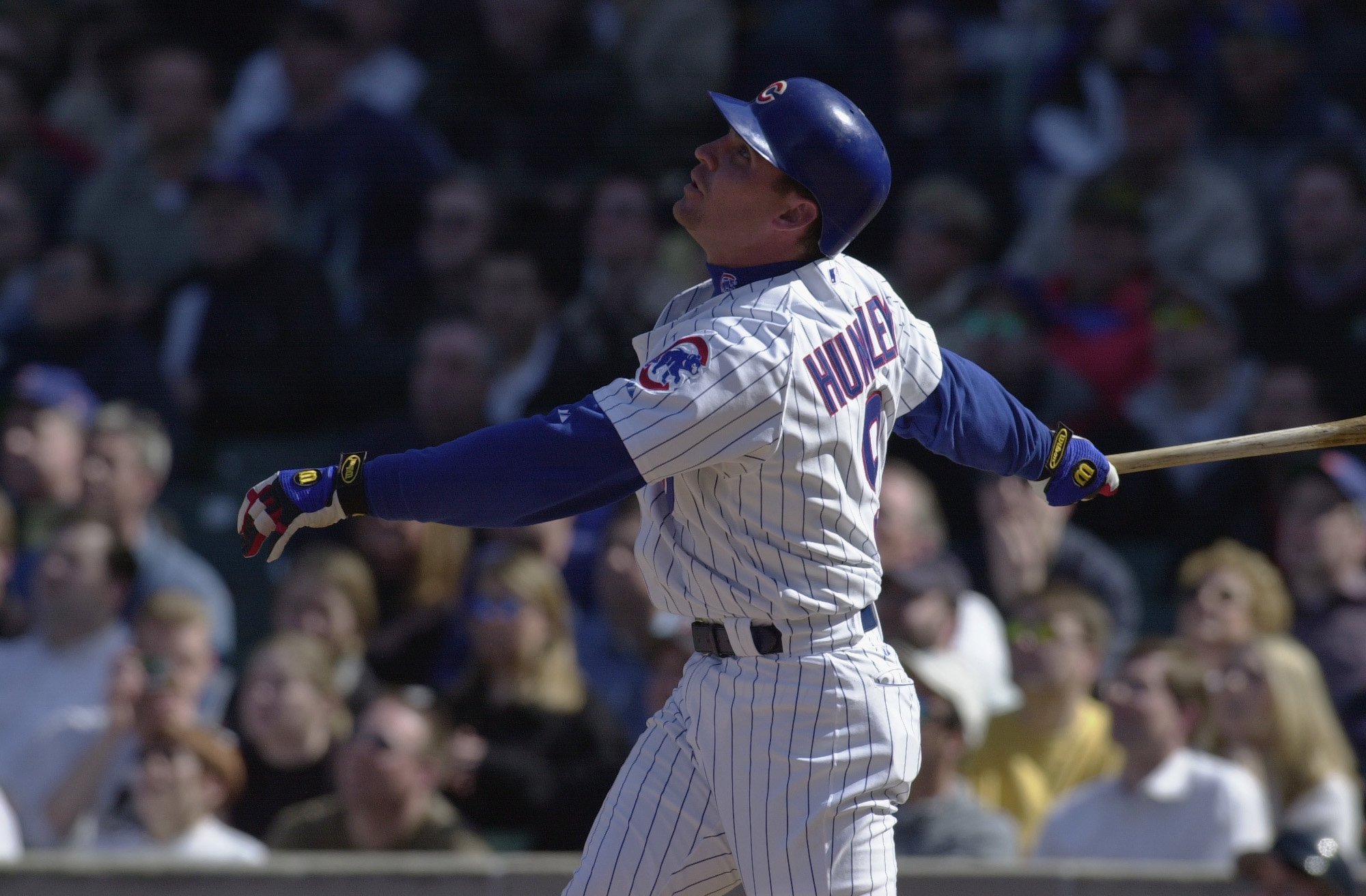 Todd Hundley of the Chicago Cubs watches a ball while up at bat