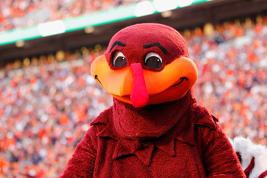 The Virginia Tech Hokies mascot "Hokie Bird" stands on the football field