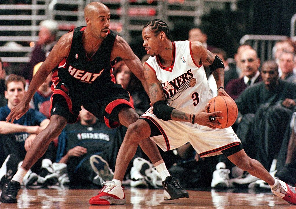 Miami Heat forward Bruce Bowen (L) guards Philadelphia 76er guard Allen Iverson (R)