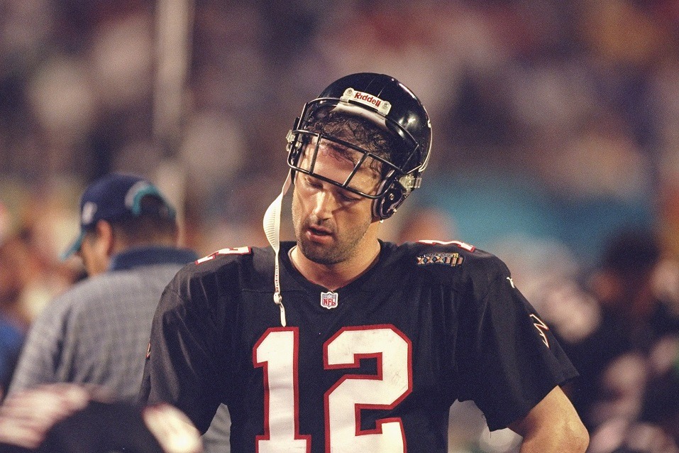 Quarterback Chris Chandler of the Atlanta Falcons catches his breath during Superbowl XXXIII