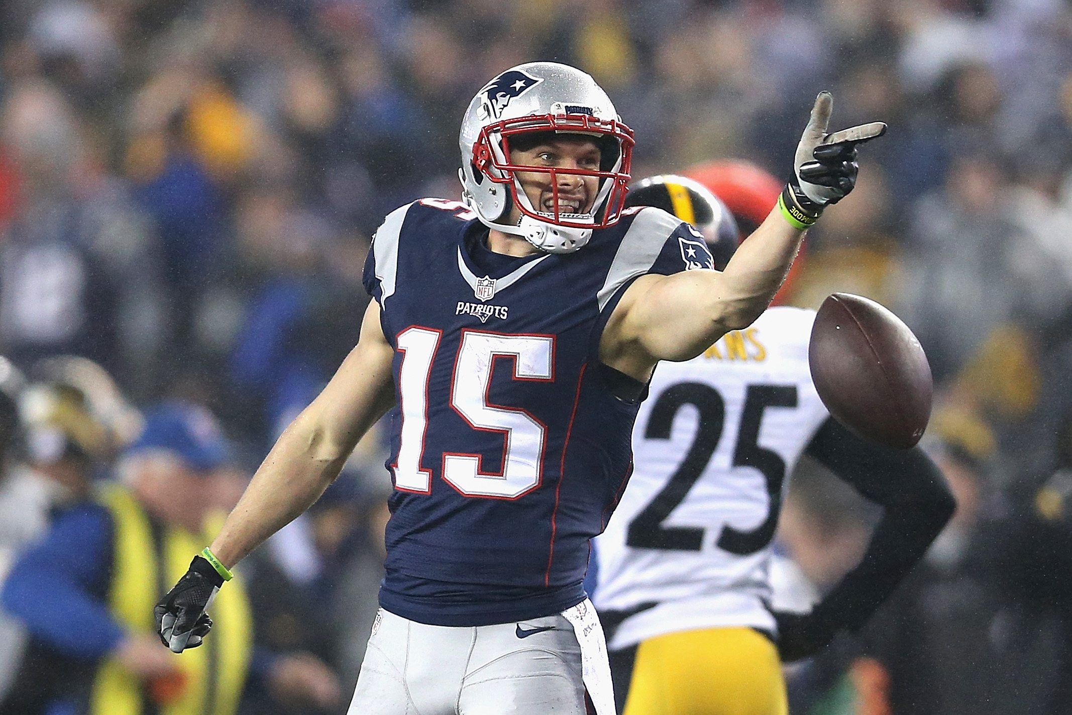 Chris Hogan gestures at the refs after they made a call.