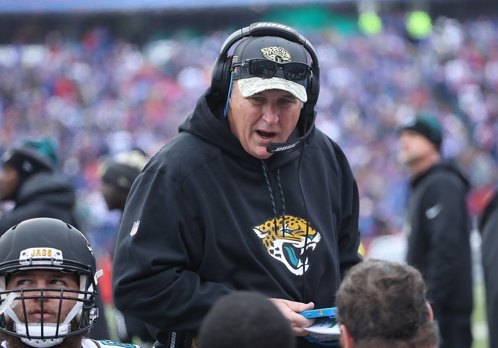 ORCHARD PARK, NY - NOVEMBER 27: Assistant head coach Doug Marrone of the Jacksonville Jaguars talks to his players on the bench during NFL game action against the Buffalo Bills at New Era Field on November 27, 2016 in Orchard Park, New York. (Photo by Tom Szczerbowski/Getty Images)