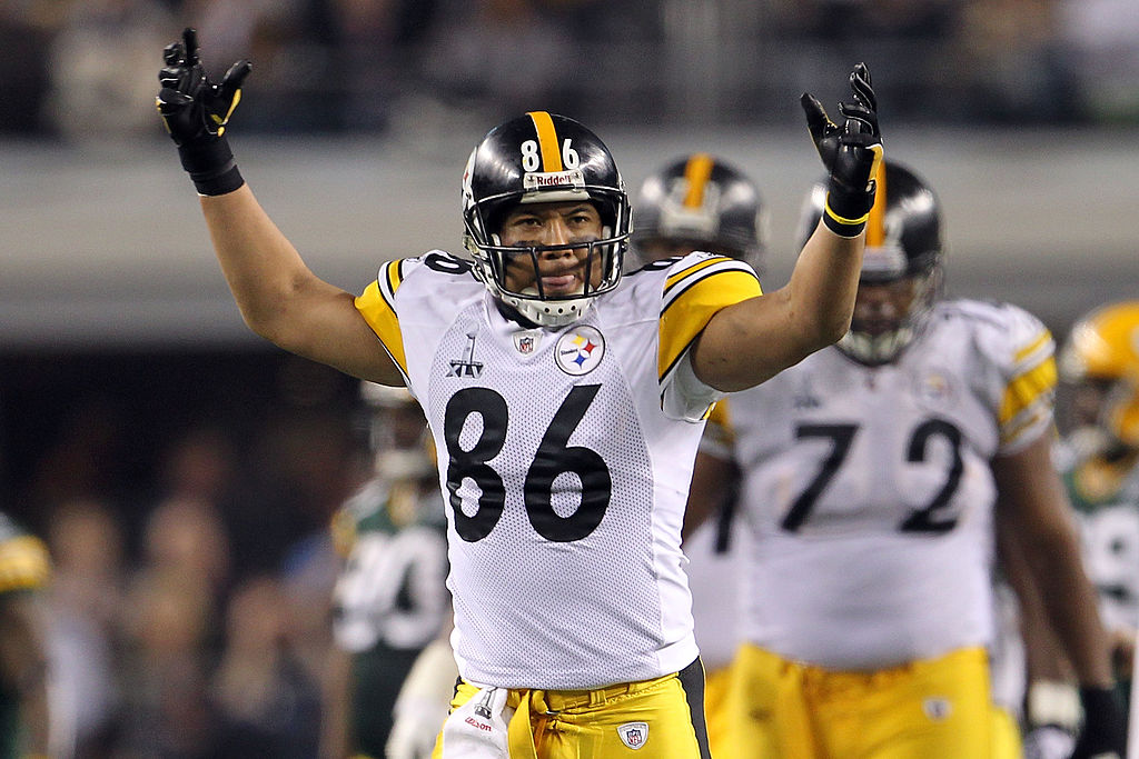 Hines Ward of the Pittsburgh Steelers reacts after a play in Super Bowl XLV.