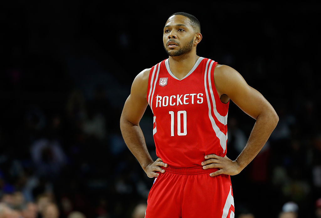Eric Gordon of the Houston Rockets looks on while playing the Detroit Pistons.