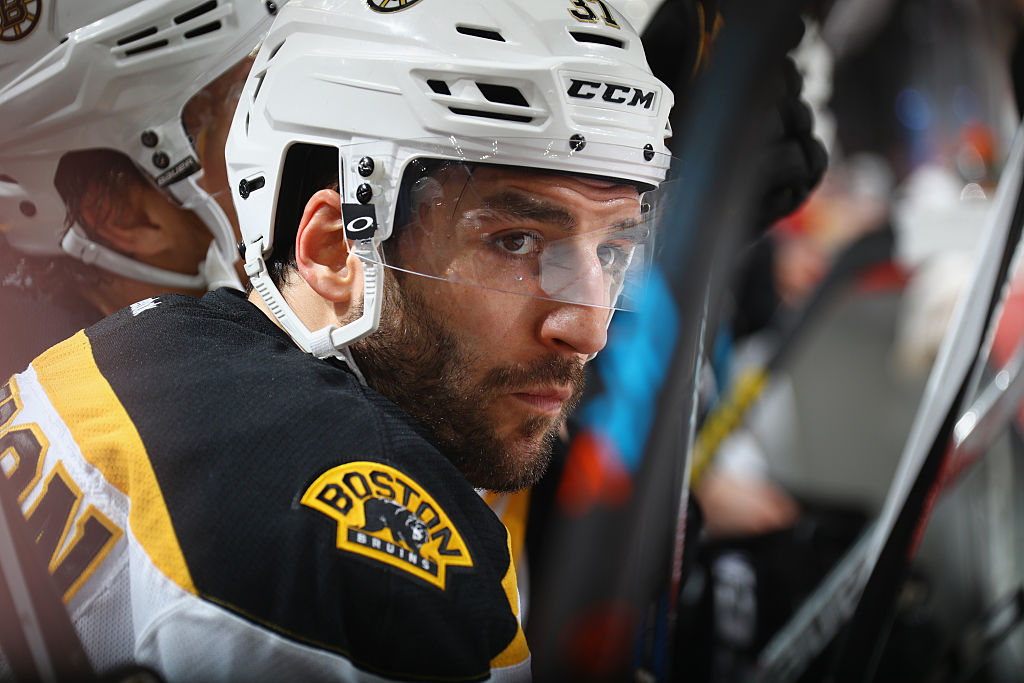 Patrice Bergeron gets ready to play against the New Jersey Devils.