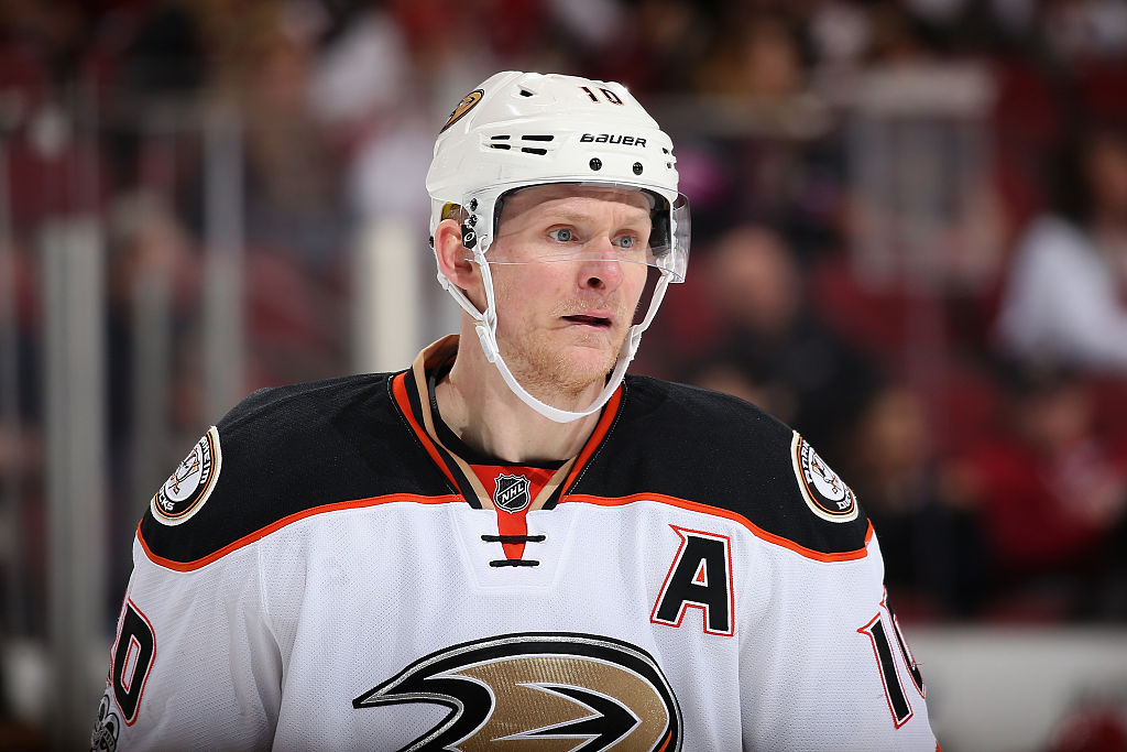 Corey Perry of the Anaheim Ducks looks on during a game.