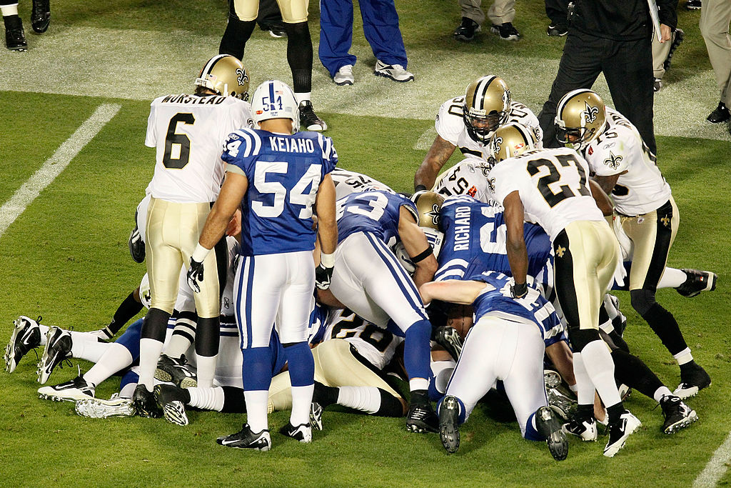 The Indianapolis Colts fights for a loose ball against the New Orleans Saints after an onside kick to start the second half during Super Bowl XLIV.