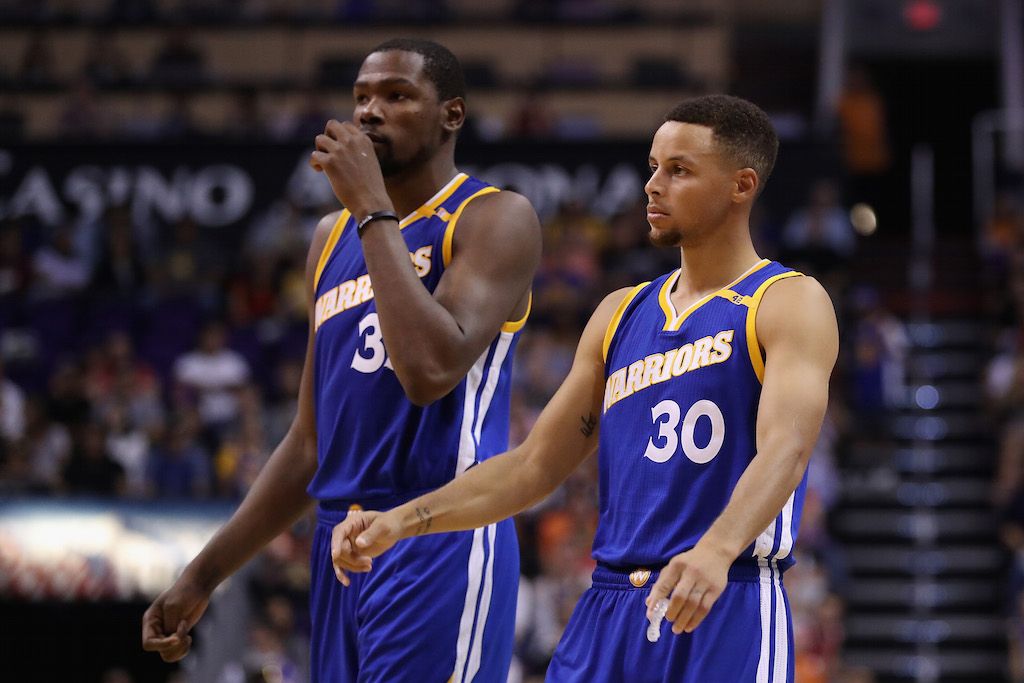 Kevin Durant and Stephen Curry look a little worried.