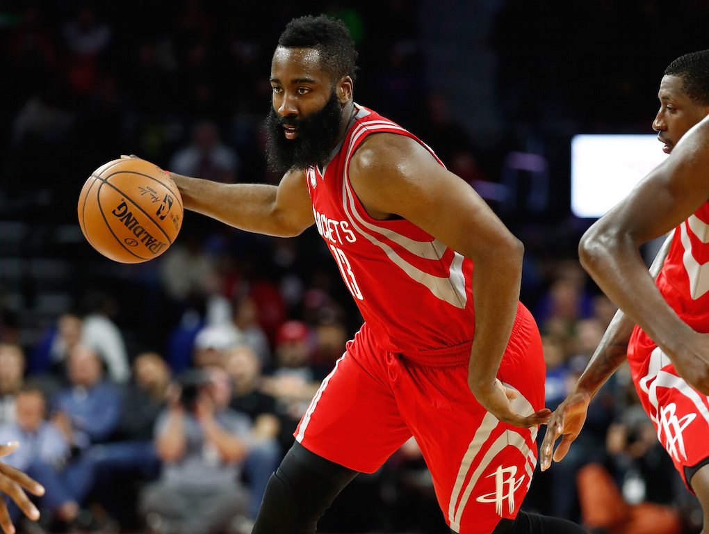James Harden dribbles down the court.