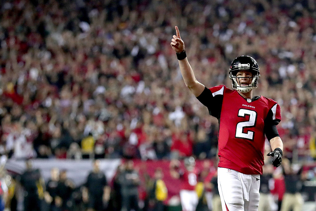 Matt Ryan of the Atlanta Falcons points upward as he takes his team to the Super Bowl.