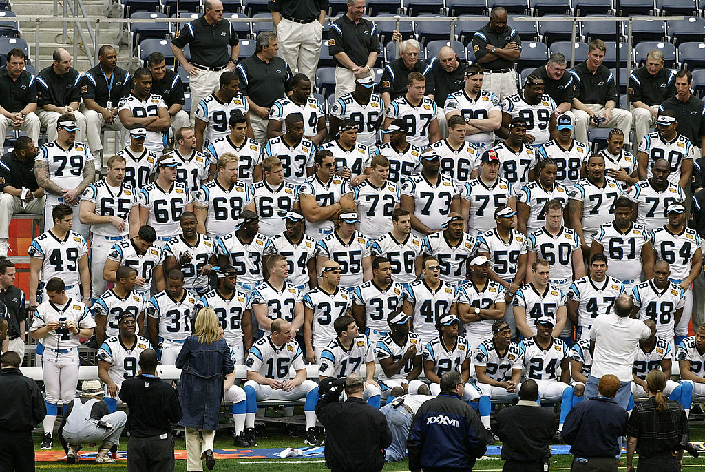 The Carolina Panthers prepare for a team photo on media day at Reliant Stadium