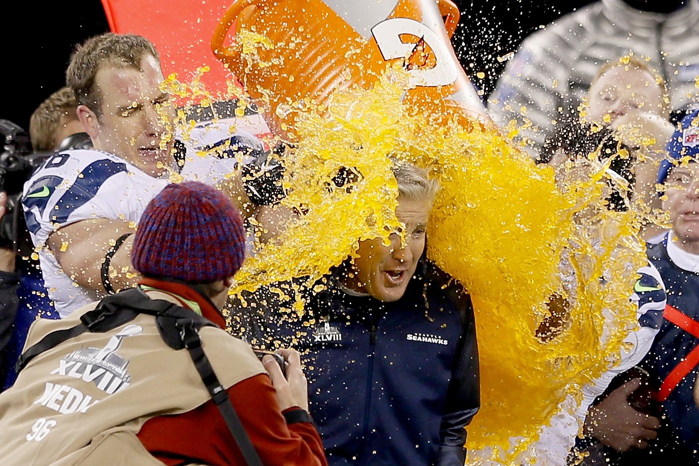 The Seahawks gave Pete Carroll an orange Gatorade shower.