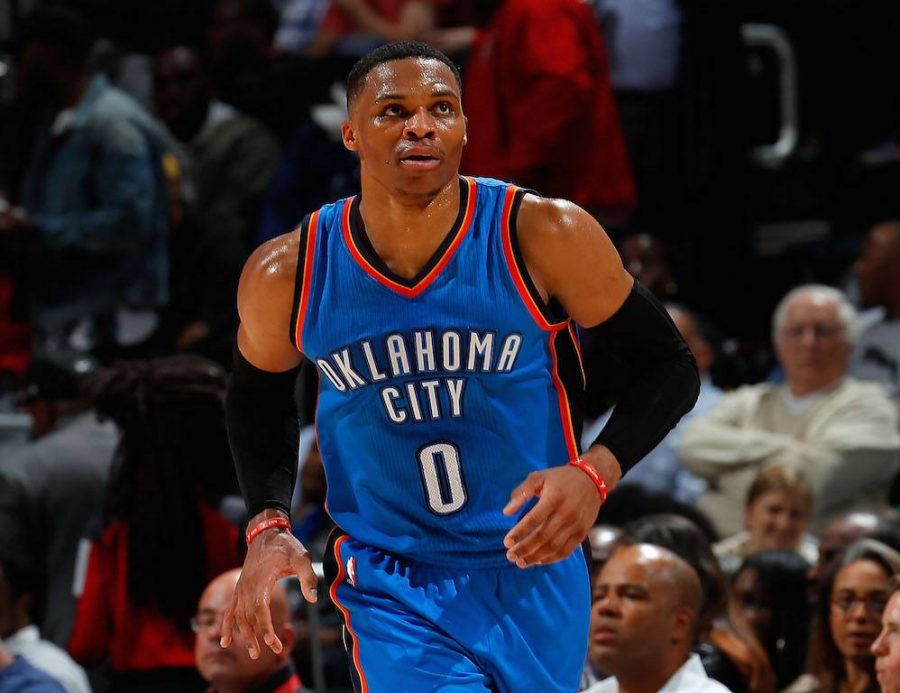 Russell Westbrook looks up at the scoreboard.