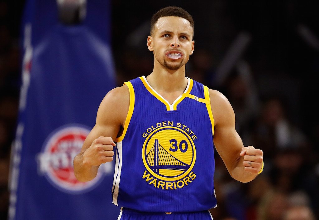 Stephen Curry #30 of the Golden State Warriors reacts to a second half play.