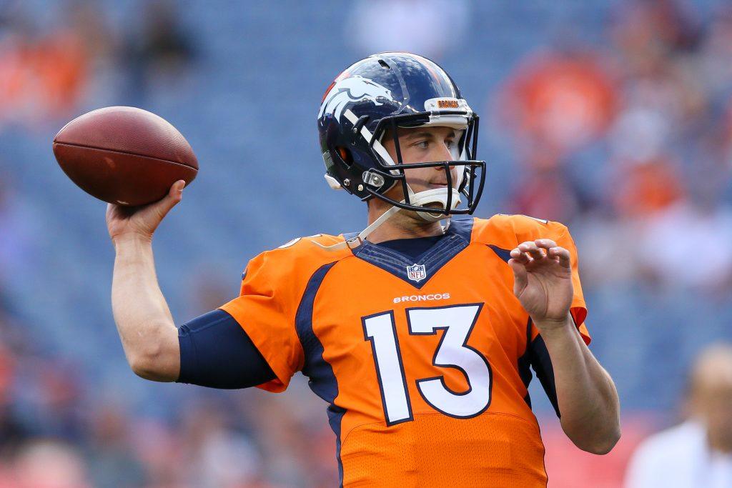 Quarterback Trevor Siemian #13 of the Denver Broncos warms up before a game.