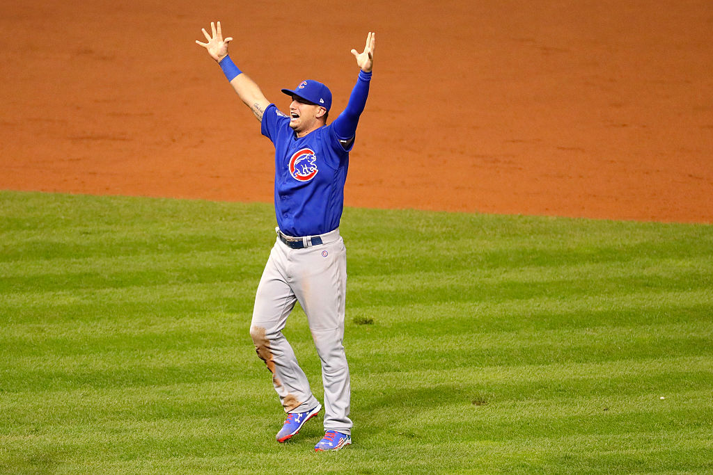 Albert Almora Jr. of the Chicago Cubs celebrates after defeating the Cleveland Indians 8-7 in Game Seven of the 2016 World Series