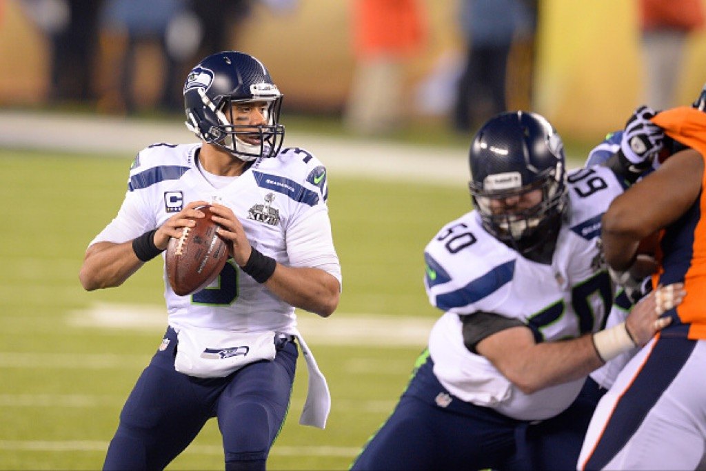 Seattle Seahawks quarterback Russell Wilson drops back to pass during Super Bowl XLVIII.