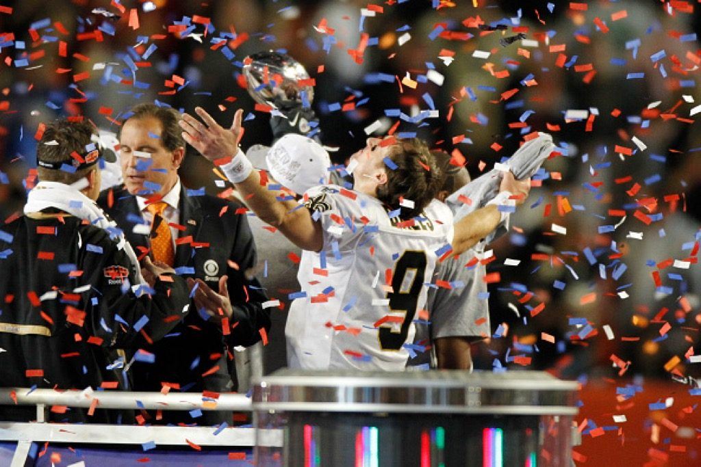 Quarterback Drew Brees celebrates after the New Orleans Saints' 31-17 victory in Super Bowl XLIV.