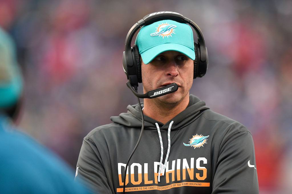 Head coach Adam Gase of the Miami Dolphins works the sidelines.