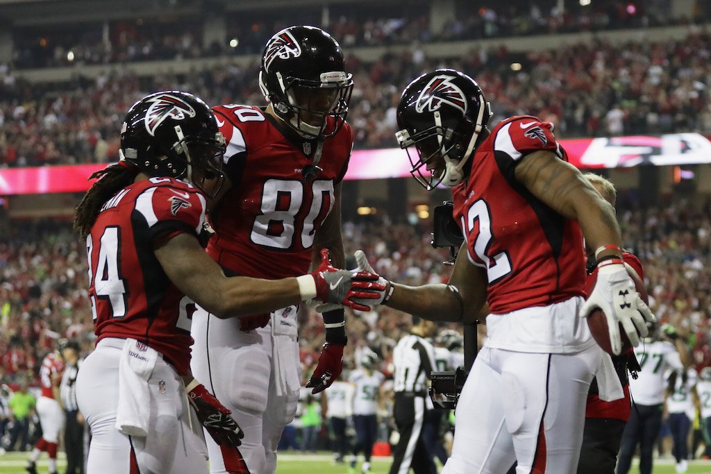 The Atlanta Falcons celebrate a touchdown.