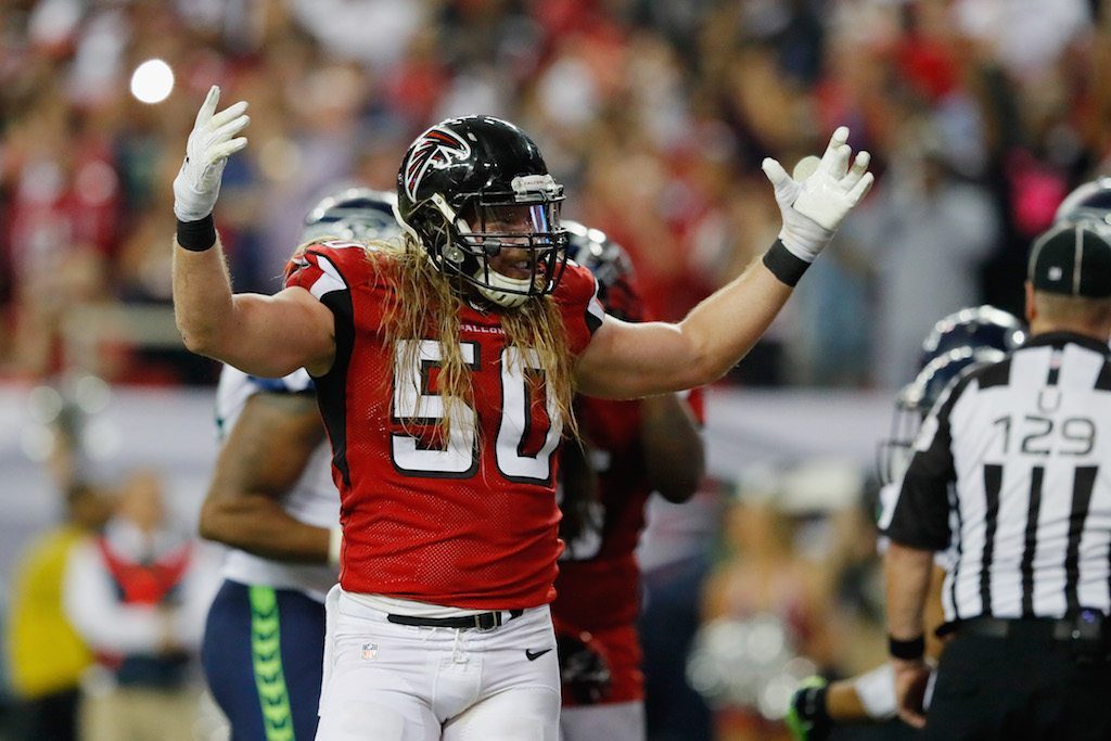 Falcons linebacker Brooks Reed reacts to a big play against Seattle.