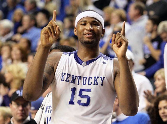 DeMarcus Cousins points his fingers, indicating that Kentucky is No. 1.